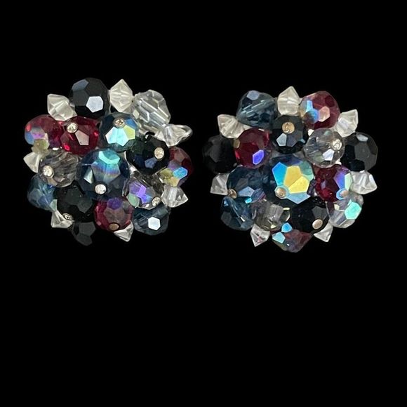 Signed Laguna AB Crystal Beaded Clip On Earrings Silver Tone Vintage Estate - Picture 2 of 6